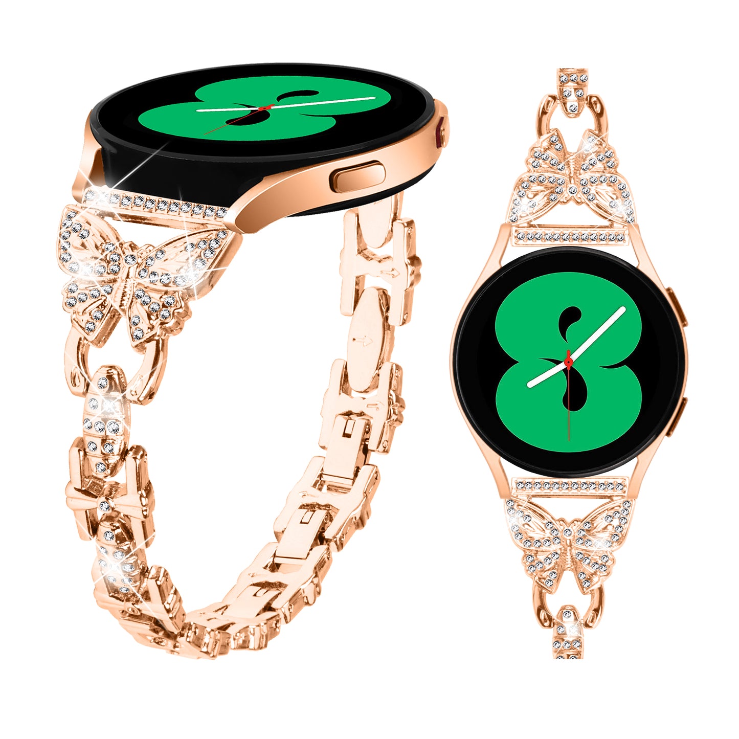 Uniqkart for Samsung Galaxy Watch6 40mm 44mm Stainless Steel Watch Strap Butterfly Rhinestone Decor 20mm Metal Band - Rose Gold