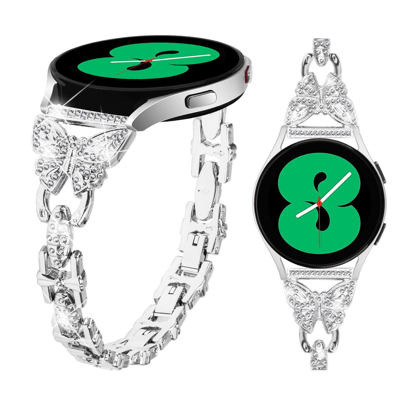 Uniqkart for Samsung Galaxy Watch6 40mm 44mm Stainless Steel Watch Strap Butterfly Rhinestone Decor 20mm Metal Band - Silver