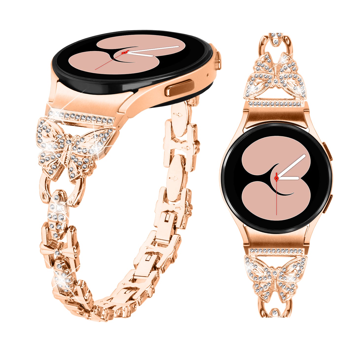 Stainless Steel Band for Samsung Galaxy Watch4 40mm 44mm / Watch4 Classic 42mm 46mm / Watch 5 40mm 44mm , Rhinestone Decor 20mm Watch Strap with Connector - Rose Gold
