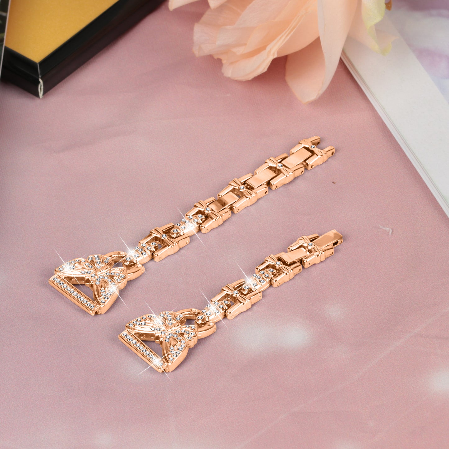 Butterfly Rhinestone Decor Band for Samsung Galaxy Watch Active / Active2 40mm 44mm , Stainless Steel 20mm Watch Strap - Rose Gold