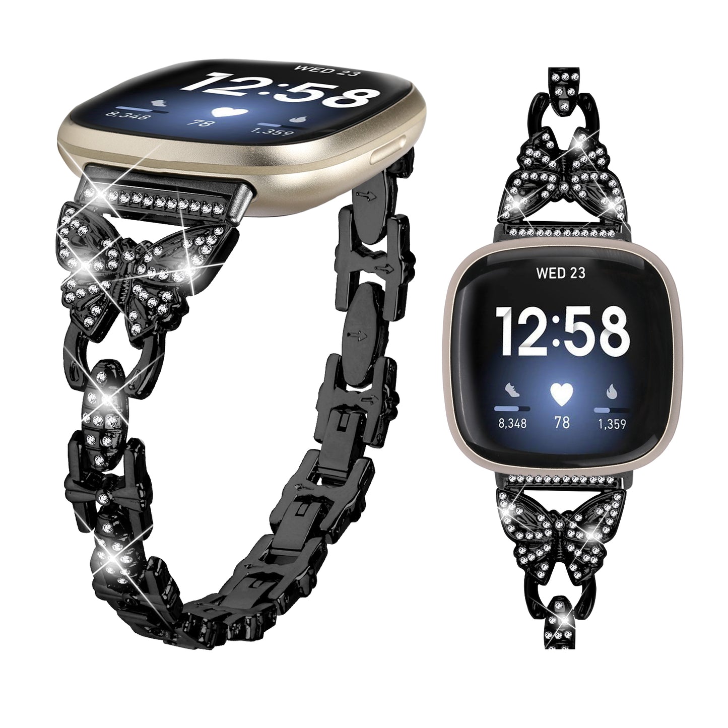 Uniqkart for Fitbit Versa 4 / Sense 2 Bling Watch Band Stainless Steel Butterfly Rhinestone Decor Strap - Black
