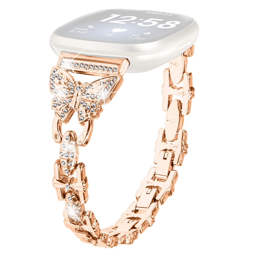 Uniqkart for Fitbit Versa 4 / Sense 2 Bling Watch Band Stainless Steel Butterfly Rhinestone Decor Strap - Rose Gold