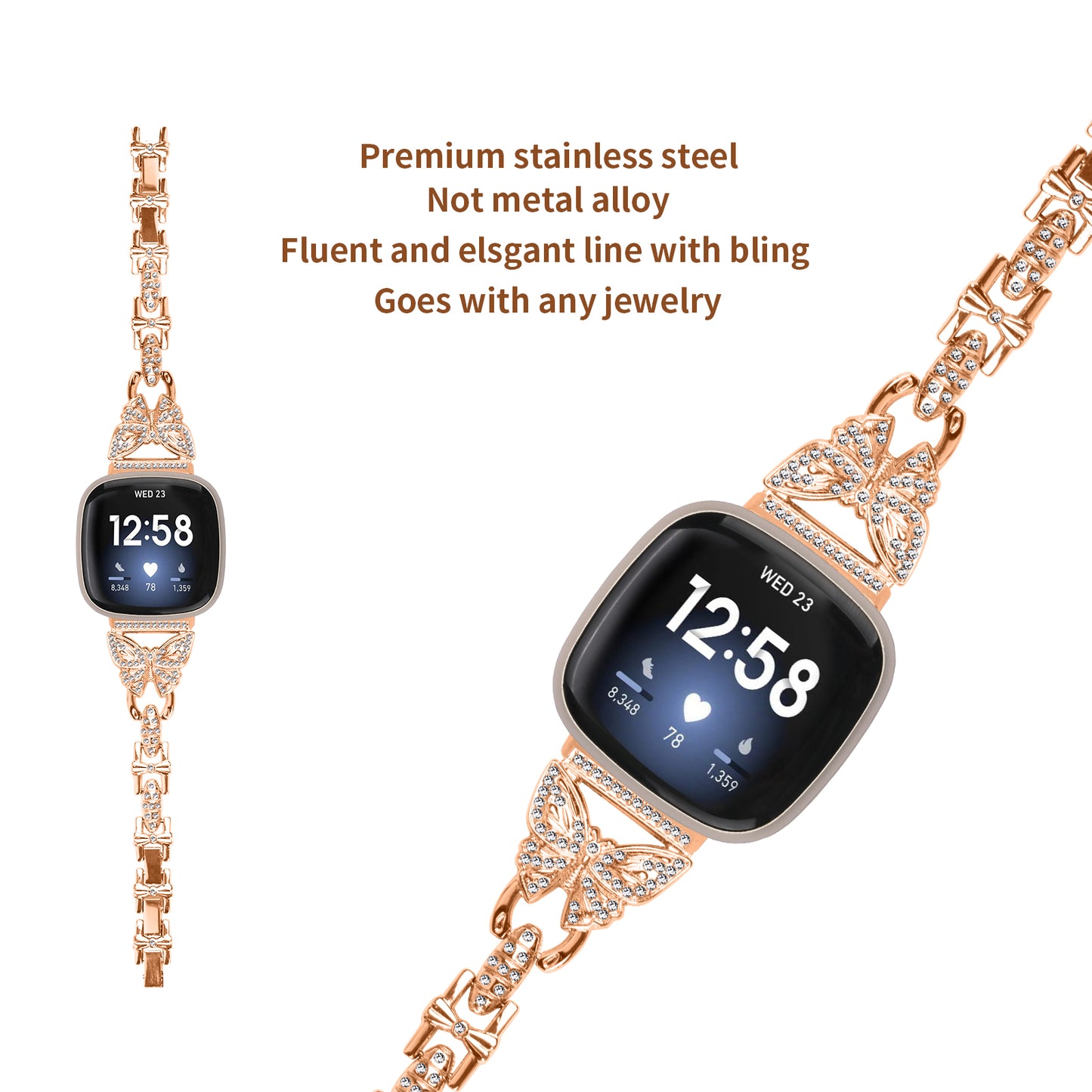 Uniqkart for Fitbit Versa 4 / Sense 2 Bling Watch Band Stainless Steel Butterfly Rhinestone Decor Strap - Rose Gold