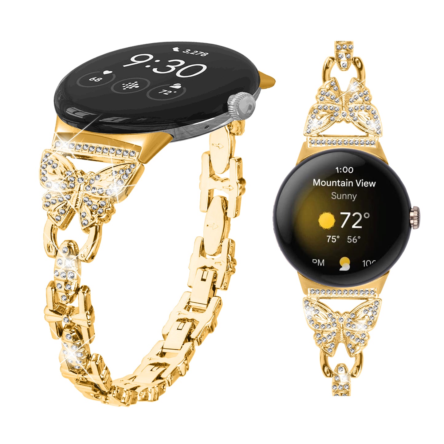 Metal Bling Watch Band for Google Pixel Watch , Stainless Steel Butterfly Rhinestone Decor Smartwatch Strap - Gold