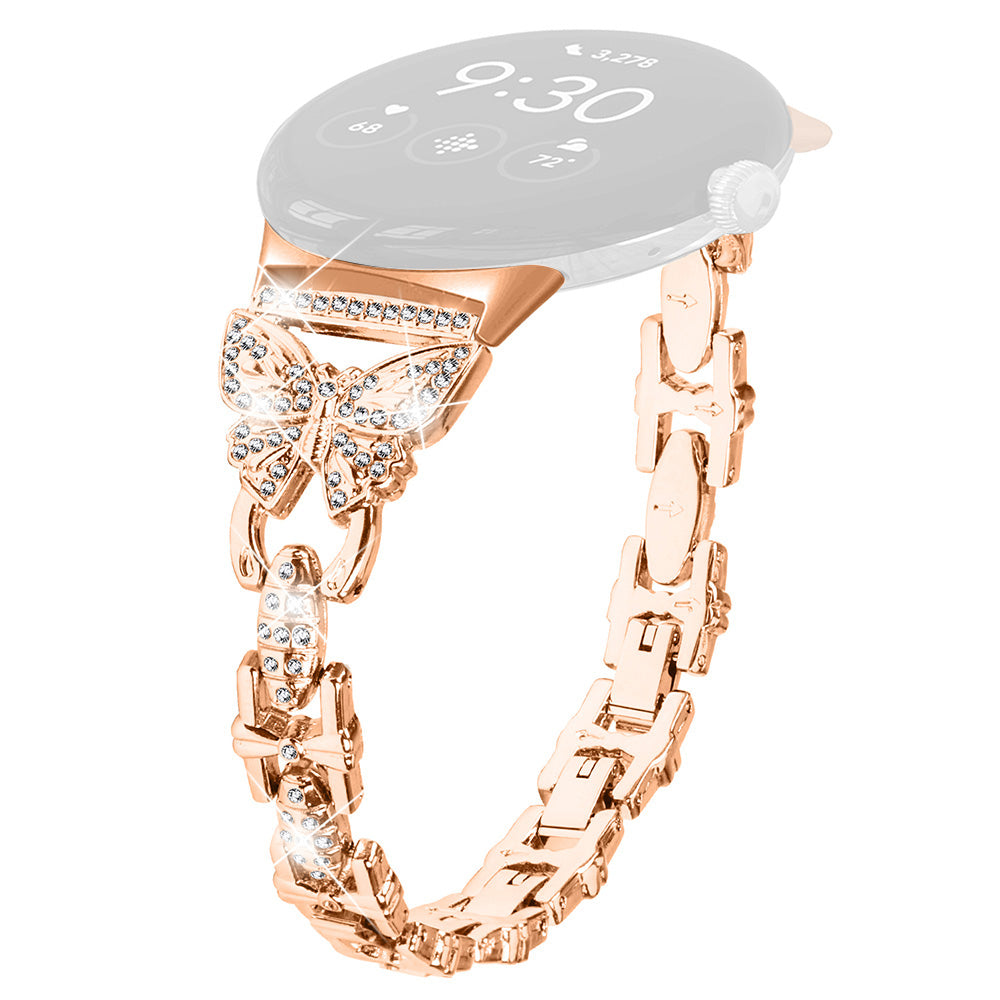 Metal Bling Watch Band for Google Pixel Watch , Stainless Steel Butterfly Rhinestone Decor Smartwatch Strap - Rose Gold