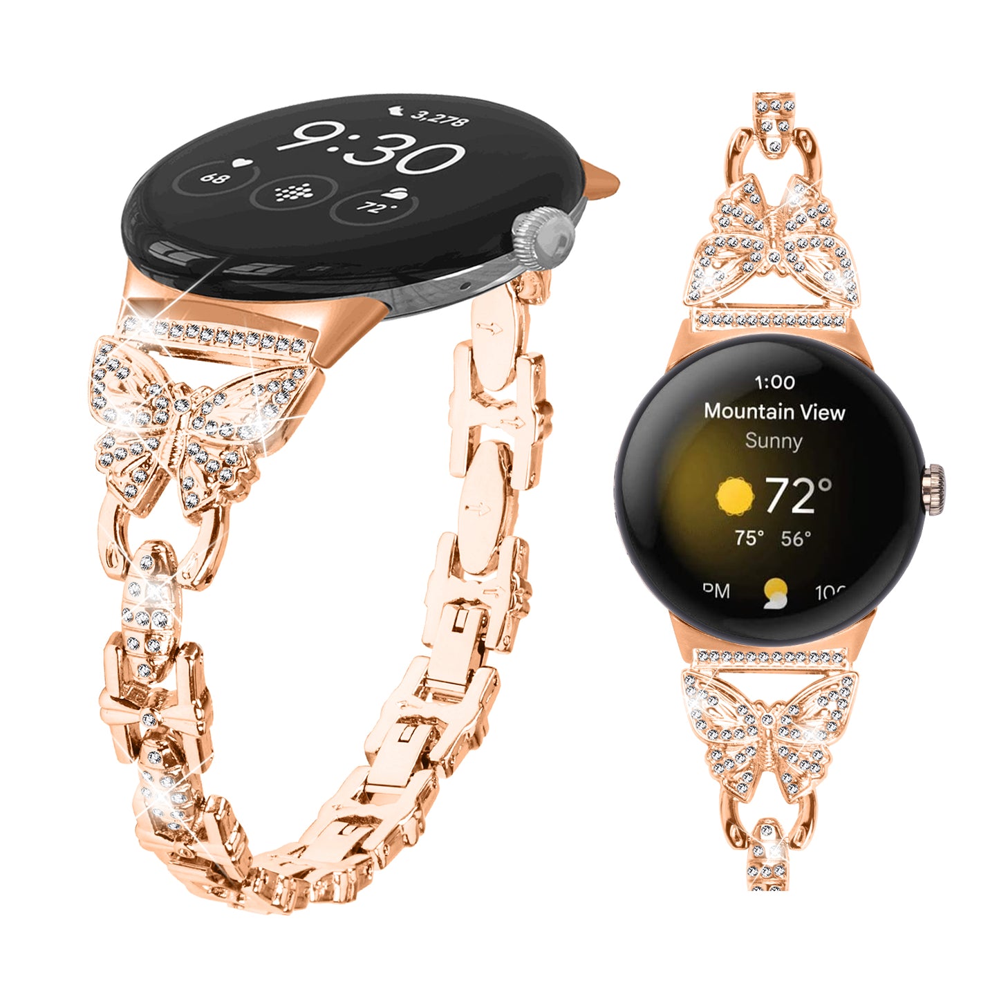 Metal Bling Watch Band for Google Pixel Watch , Stainless Steel Butterfly Rhinestone Decor Smartwatch Strap - Rose Gold