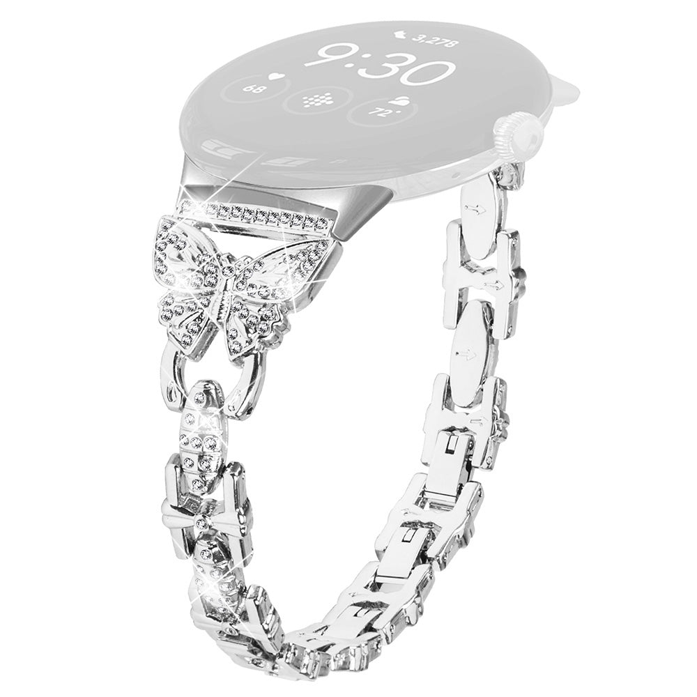 Metal Bling Watch Band for Google Pixel Watch , Stainless Steel Butterfly Rhinestone Decor Smartwatch Strap - Silver