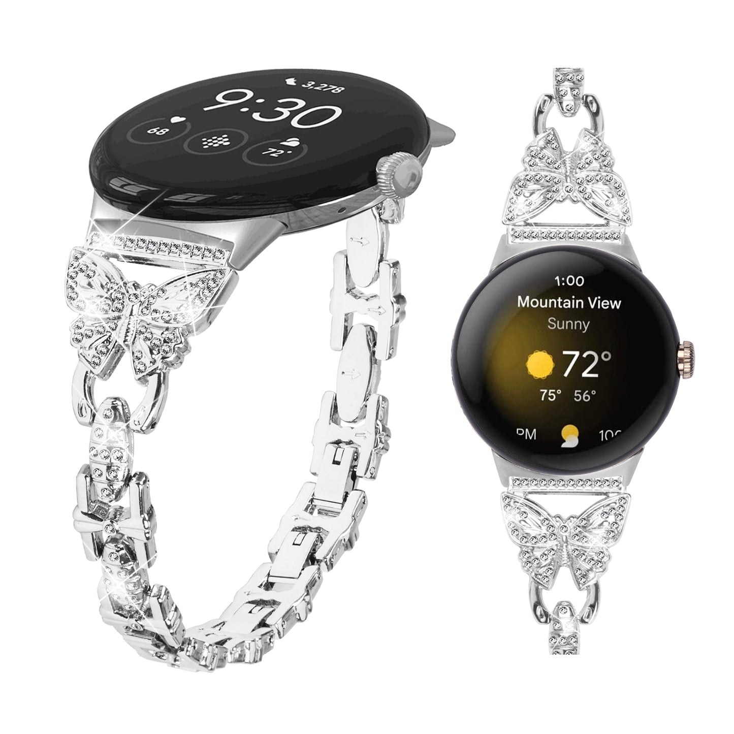 Metal Bling Watch Band for Google Pixel Watch , Stainless Steel Butterfly Rhinestone Decor Smartwatch Strap - Silver