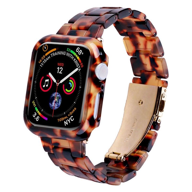 For Apple Watch Series 7 / 8 41mm Replacement Watch Strap Resin Watch Band Set with Watch Case Cover - Tortoiseshell Color