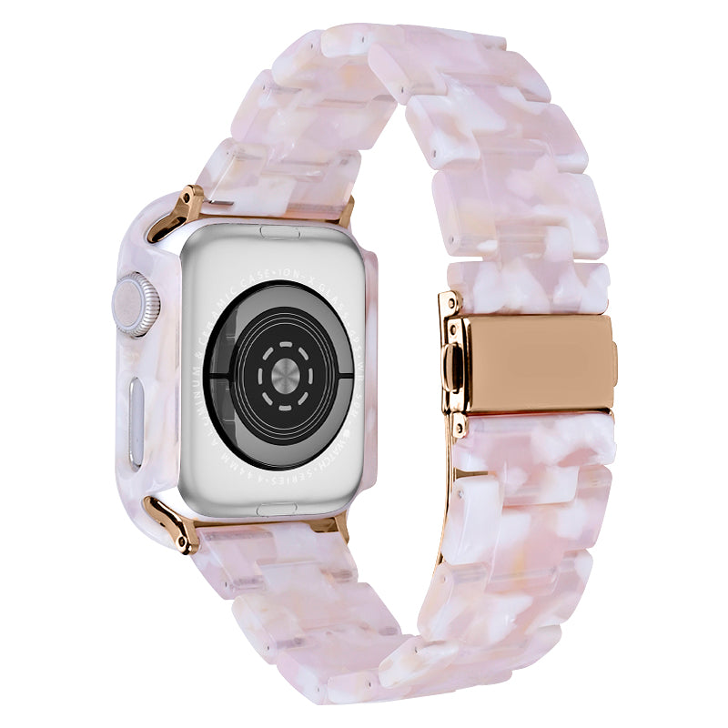 For Apple Watch Series 7 / 8 41mm Replacement Watch Strap Resin Watch Band Set with Watch Case Cover - Pink Flower