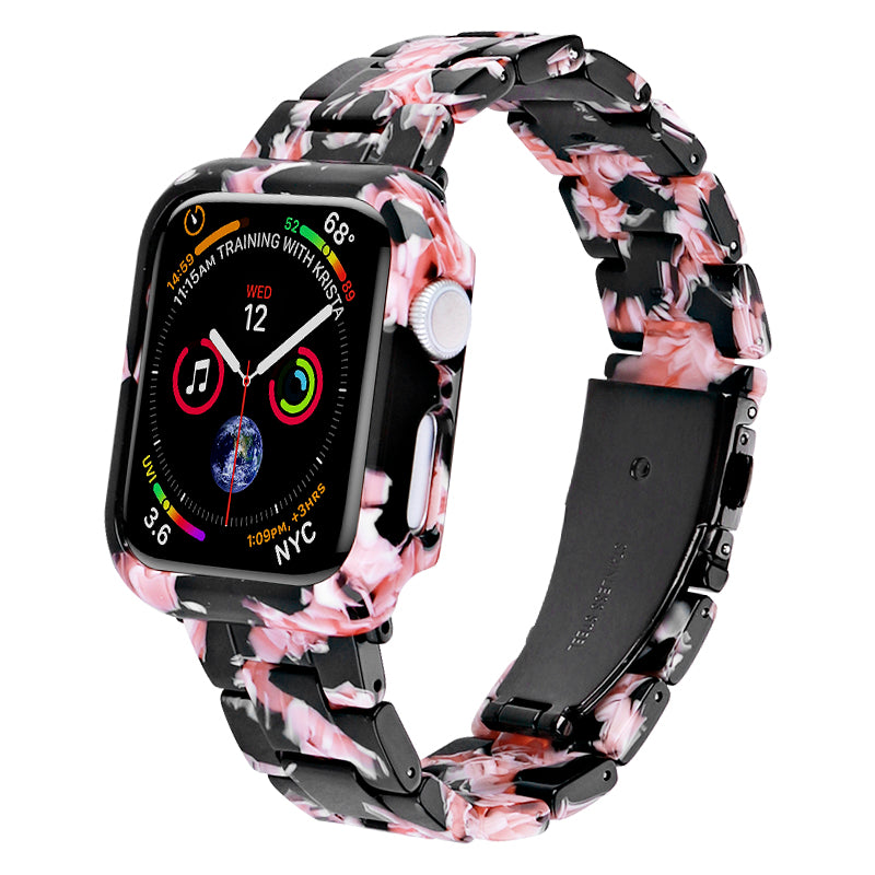 For Apple Watch Series 7 / 8 41mm Replacement Watch Strap Resin Watch Band Set with Watch Case Cover - Black Pink Flower