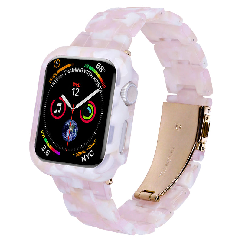 For Apple Watch Series 7 / 8 45mm Resin Watch Strap Set with Case Cover Smart Watch Replacement Band - Pink Flower