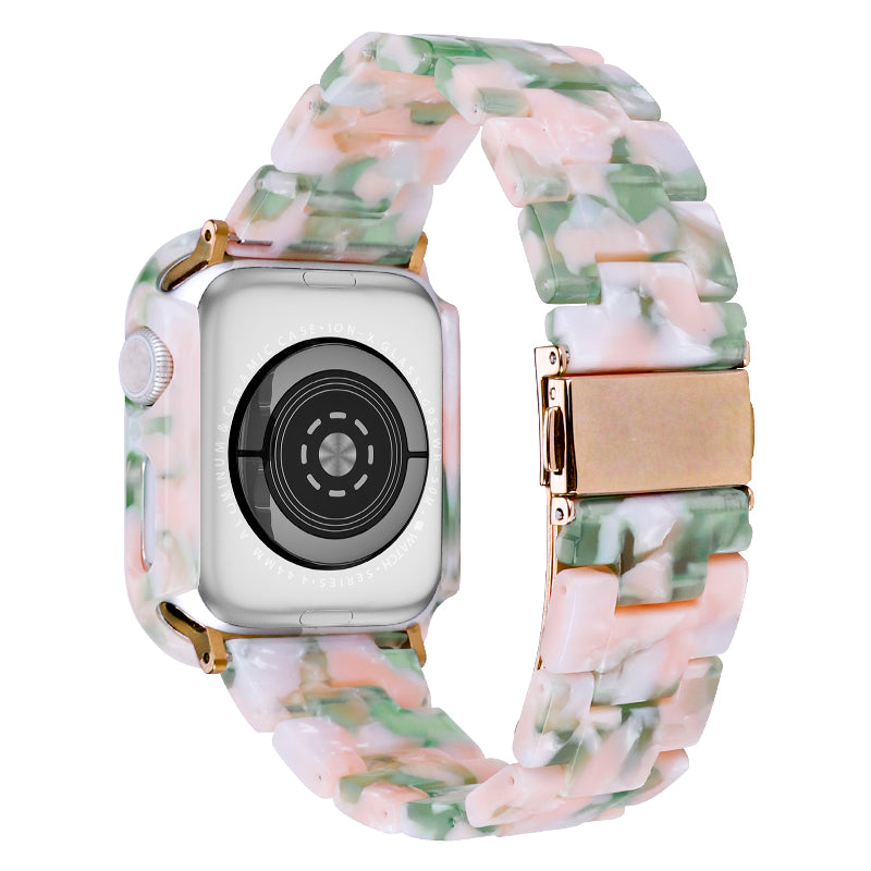 For Apple Watch Series 7 / 8 45mm Resin Watch Strap Set with Case Cover Smart Watch Replacement Band - Pink Green