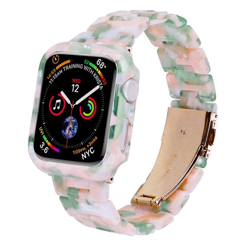 For Apple Watch Series 7 / 8 45mm Resin Watch Strap Set with Case Cover Smart Watch Replacement Band - Pink Green