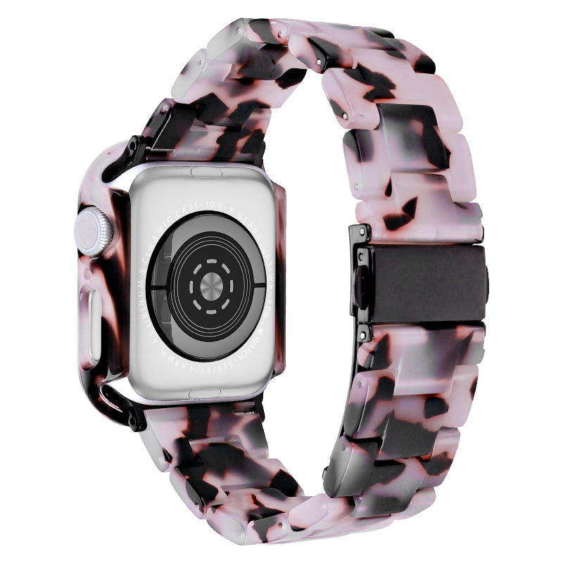For Apple Watch Series 7 / 8 45mm Resin Watch Strap Set with Case Cover Smart Watch Replacement Band - Red Pink Flower