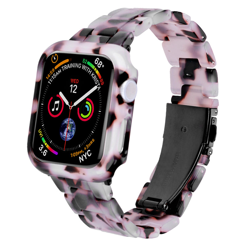 For Apple Watch Series 7 / 8 45mm Resin Watch Strap Set with Case Cover Smart Watch Replacement Band - Red Pink Flower