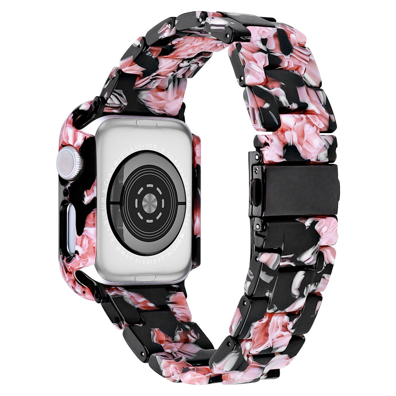 Resin Watch Strap Set with Case Cover for Apple Watch Ultra 49mm Replacement Watch Band - Black Pink Flower