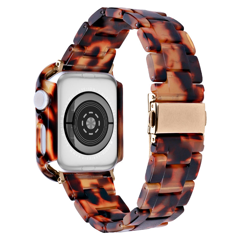 For Apple Watch Series 4 / 5 / 6 / SE / SE (2022) 40mm Resin Watch Strap Set with Case Cover Replacement Watch Band - Tortoiseshell Color