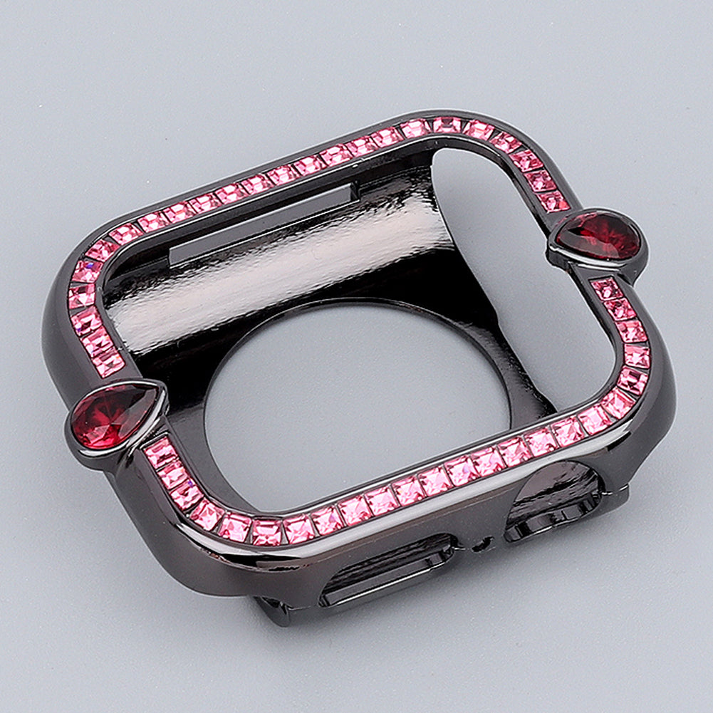 Water-drop Shape Rhinestone Decor Alloy Watch Case Scratch-resistant Protective Cover for Apple Watch Series 4 / 5 / 6 44mm / SE 44mm / SE (2022) 44mm - Black / Pink Zircon