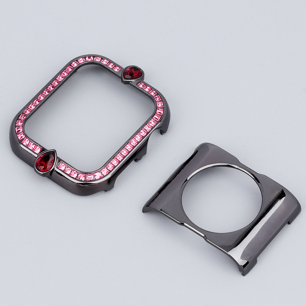 Water-drop Shape Rhinestone Decor Alloy Watch Case Scratch-resistant Protective Cover for Apple Watch Series 4 / 5 / 6 44mm / SE 44mm / SE (2022) 44mm - Black / Pink Zircon