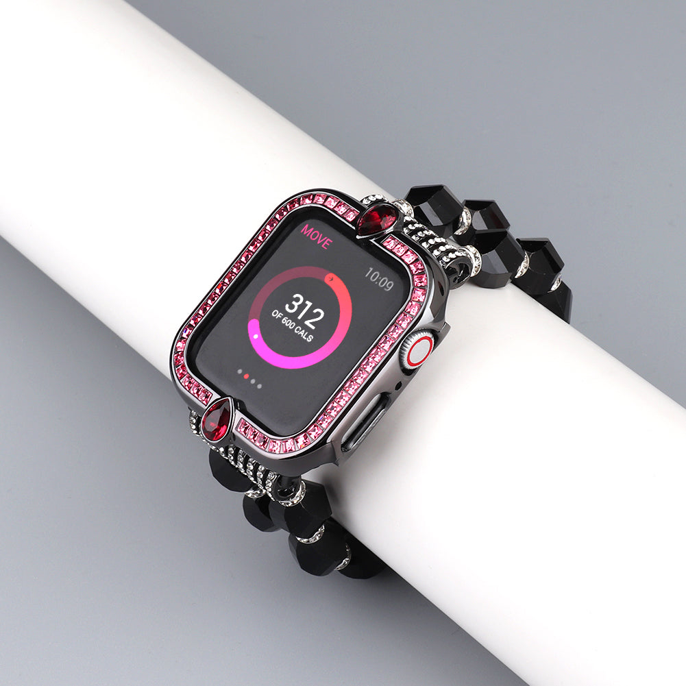 Water-drop Shape Rhinestone Decor Alloy Watch Case Scratch-resistant Protective Cover for Apple Watch Series 4 / 5 / 6 44mm / SE 44mm / SE (2022) 44mm - Black / Pink Zircon