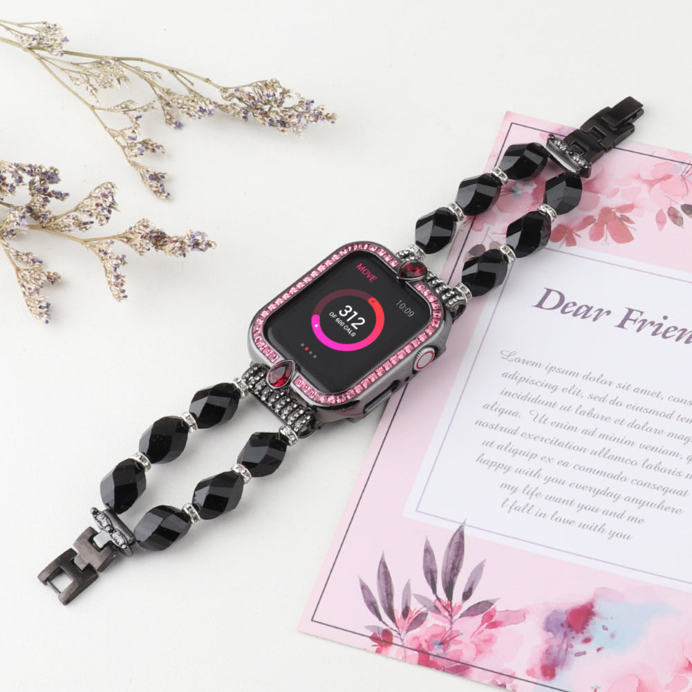 Water-drop Shape Rhinestone Decor Alloy Watch Case Scratch-resistant Protective Cover for Apple Watch Series 4 / 5 / 6 44mm / SE 44mm / SE (2022) 44mm - Black / Pink Zircon
