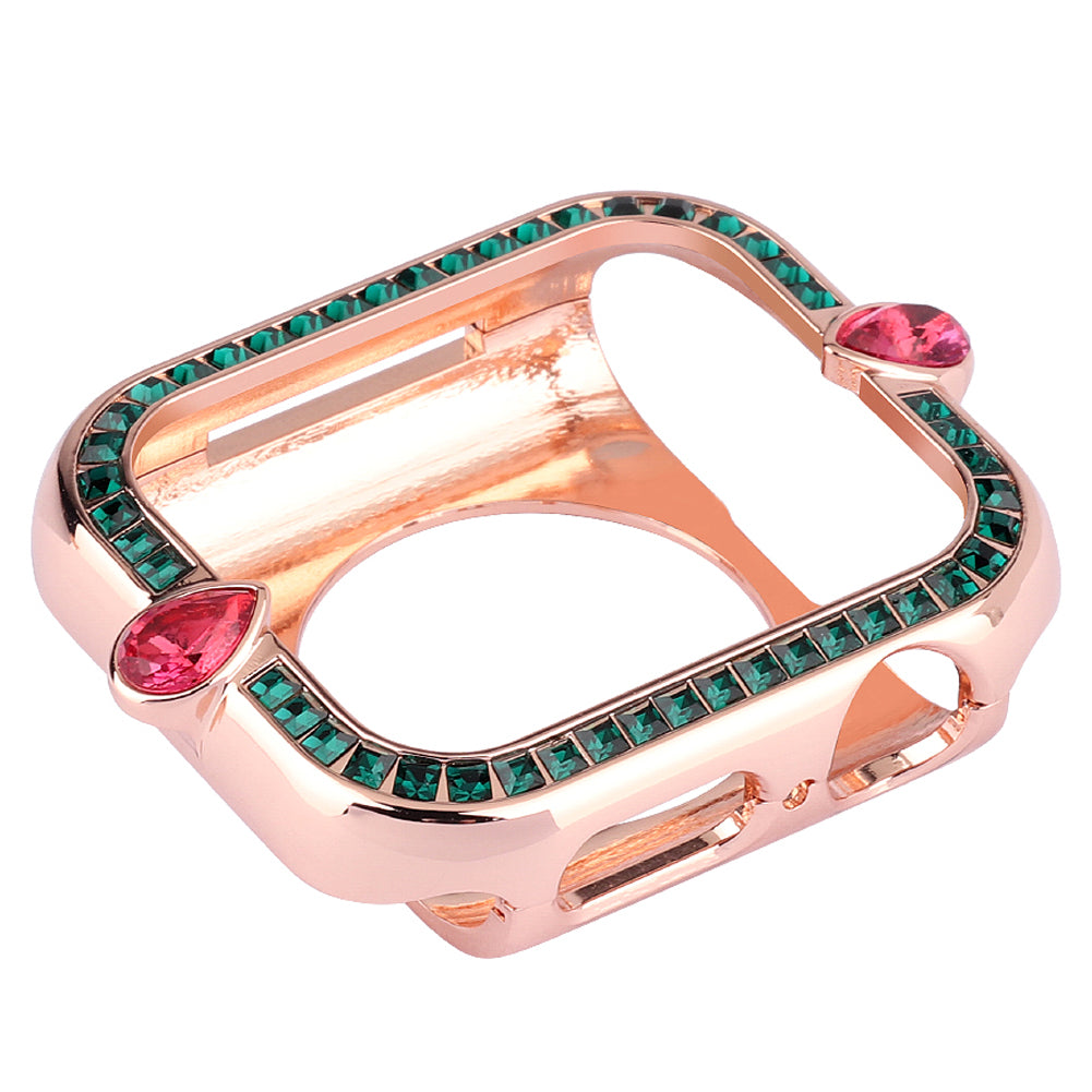 Water-drop Shape Rhinestone Decor Scratch-resistant Alloy Watch Case Protective Cover for Apple Watch SE / SE (2022) 40mm / Series 6 / 5 / 4 40mm - Rose Gold / Green Zircon