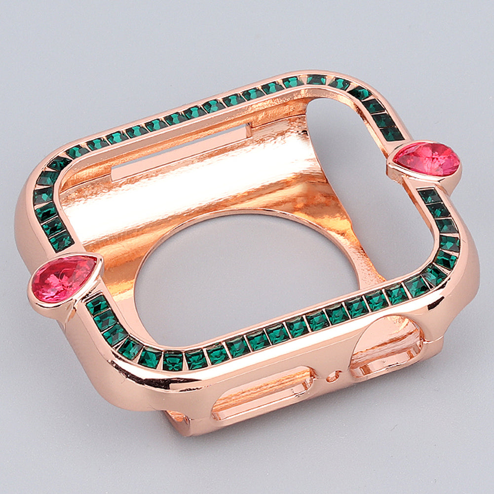 Water-drop Shape Rhinestone Decor Scratch-resistant Alloy Watch Case Protective Cover for Apple Watch SE / SE (2022) 40mm / Series 6 / 5 / 4 40mm - Rose Gold / Green Zircon