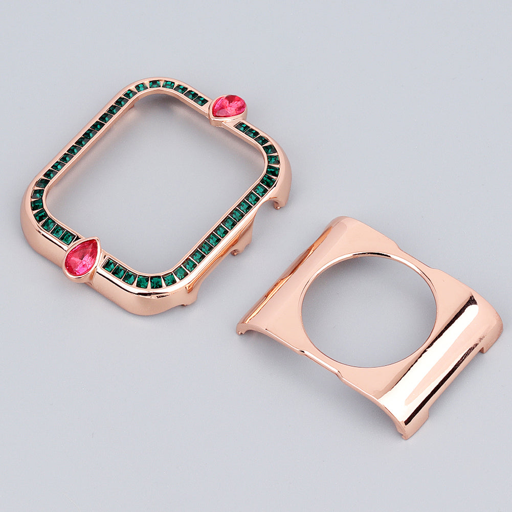 Water-drop Shape Rhinestone Decor Scratch-resistant Alloy Watch Case Protective Cover for Apple Watch SE / SE (2022) 40mm / Series 6 / 5 / 4 40mm - Rose Gold / Green Zircon