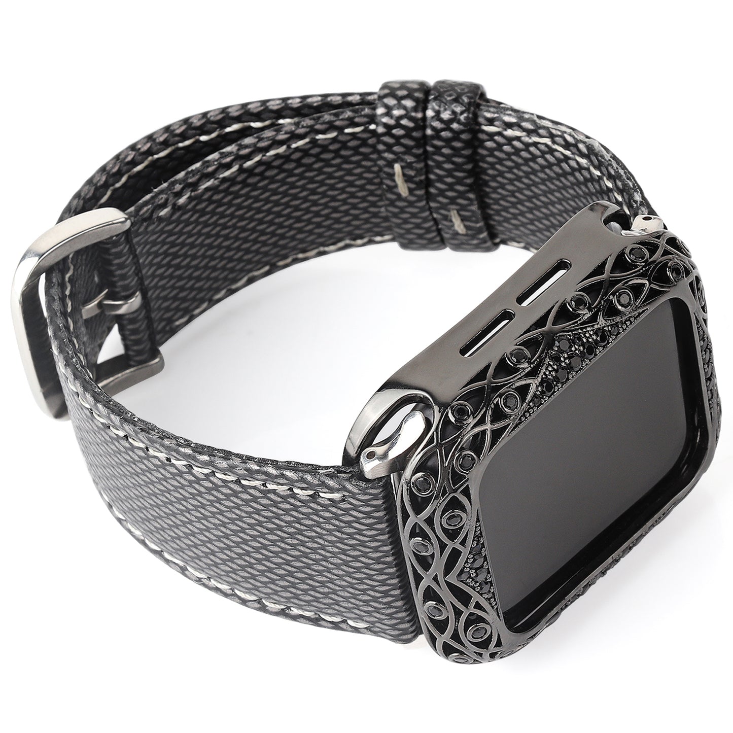 Zircon Decor Hollow-out Copper Protective Watch Case Shell for Apple Watch Series 4 / 5 / 6 44mm / SE 44mm / SE (2022) 44mm - Black