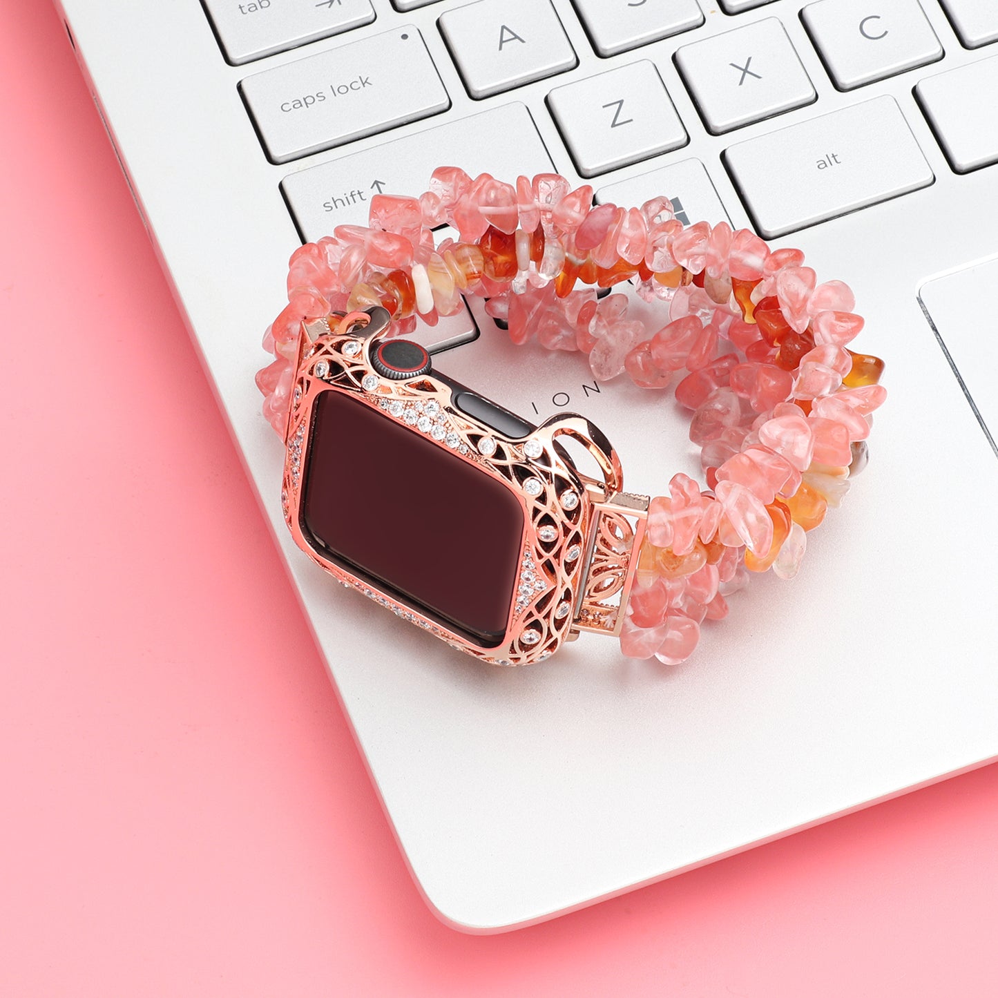 Zircon Decor Hollow-out Copper Protective Watch Case Shell for Apple Watch Series 4 / 5 / 6 44mm / SE 44mm / SE (2022) 44mm - Pink