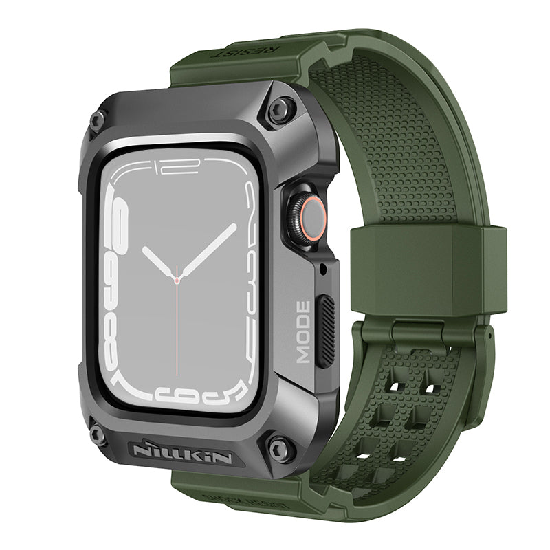 Uniqkart For Apple Watch Series 8 / 7 45mm Metal Case Alloy Rugged Protector Cover with TPU Watch Band - Dark Grey+Green Strap