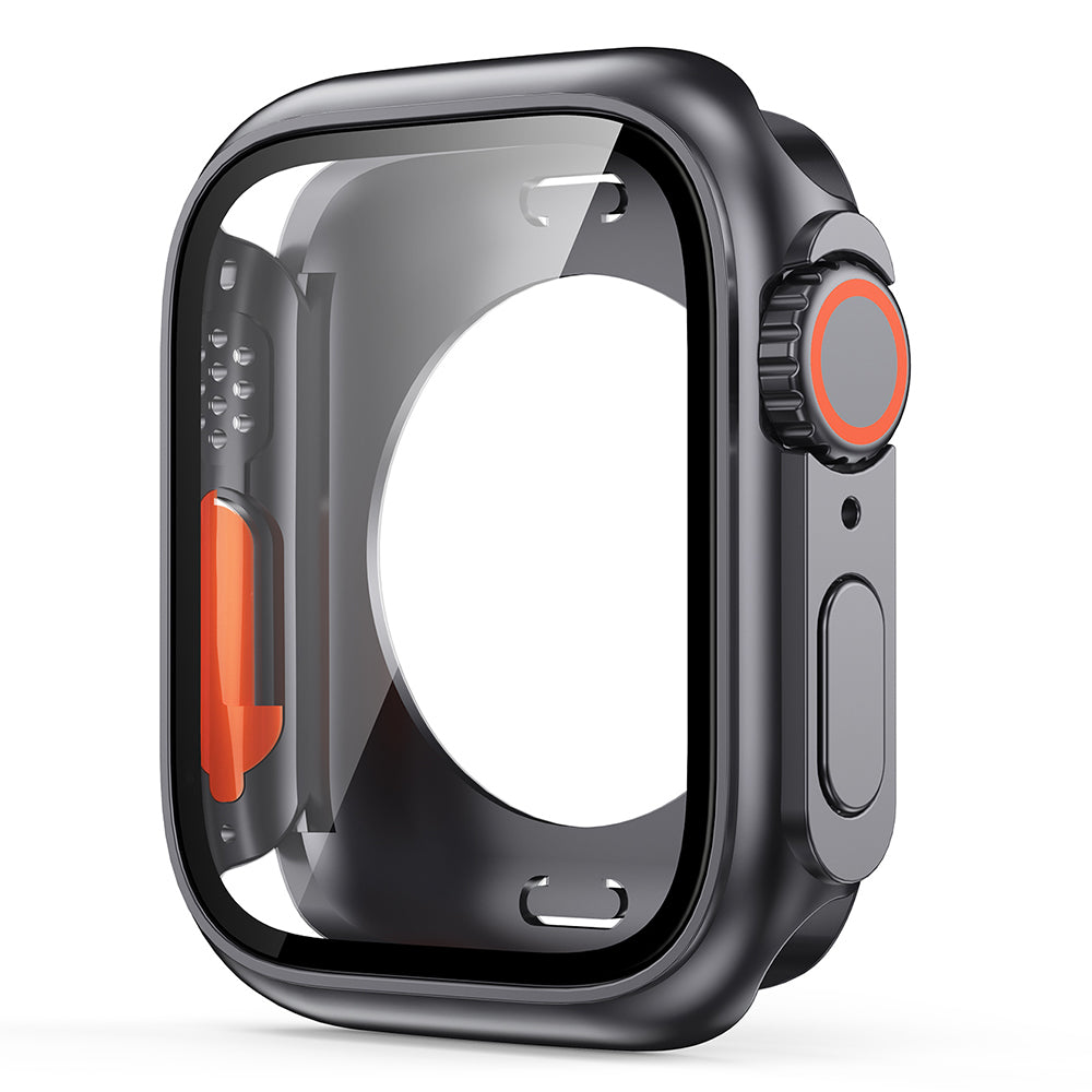 Uniqkart for Apple Watch Series 8 7 45mm Overall Protective Cover Hard PC Watch Case with Tempered Glass Screen Protector - Original Black