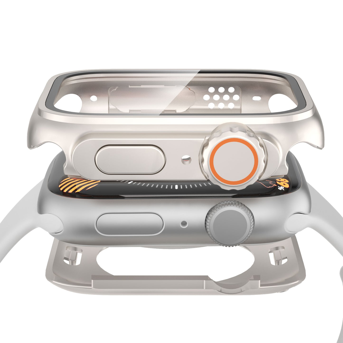 Waterproof Full Coverage Cover for Apple Watch Series 8 7 45mm , Hard PC Watch Case with Tempered Glass Screen Protector - Starlight Silver