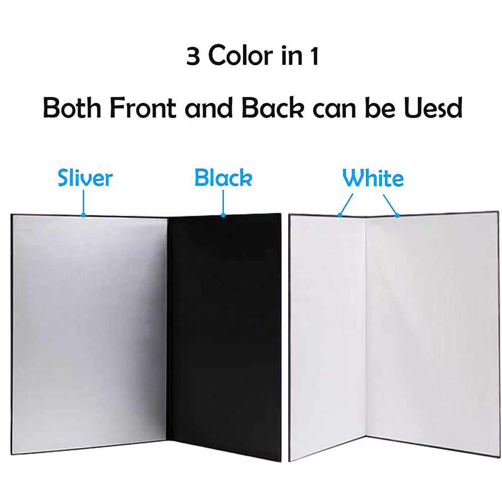 3 in 1 Photography Reflector Cardboard Folding Light Diffuser Board, A4 Size - Black/White/Silver