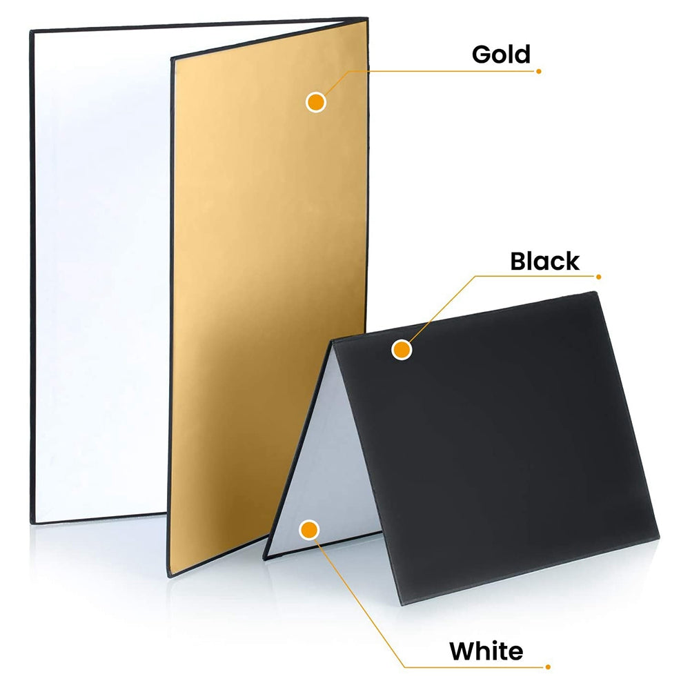 3 in 1 Light Reflector Photography Cardboard Studio Folding Light Diffuser Board for Still Life Product and Food Photo Shooting, A3 Size - Black/White/Gold