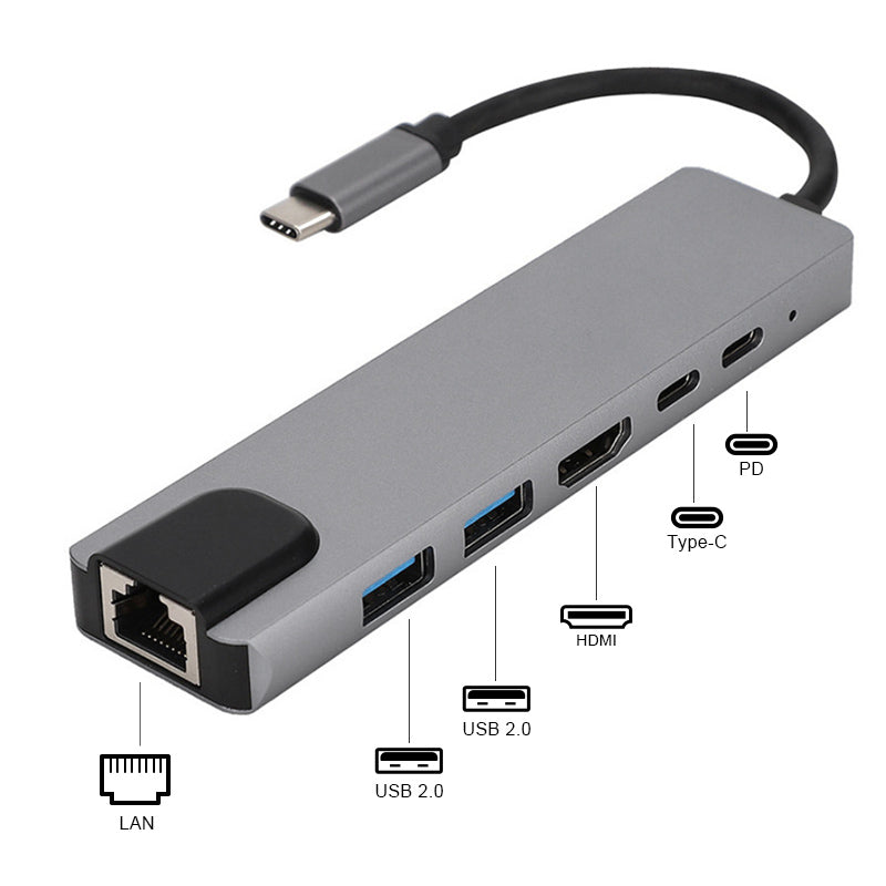 6-in-1 Type-C Hub Multifunctional Docking Station 4K UHD USB-C Adapter to USB 2.0, 87W Type-C, 100Mbps Ethernet