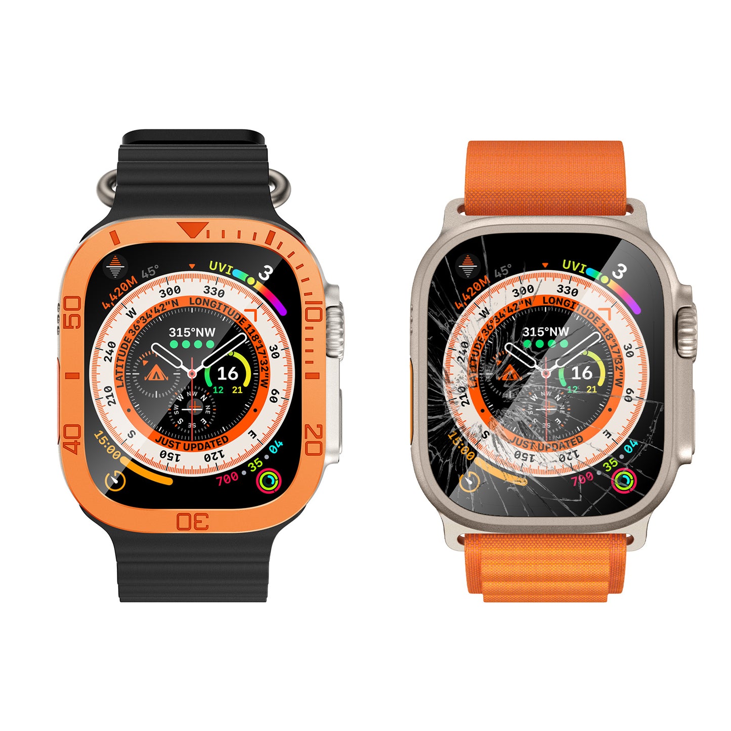 Uniqkart for Apple Watch Ultra 49mm Tempered Glass Screen Protector Numbers Marker Metal Frame with Built-in Clear Film - Orange