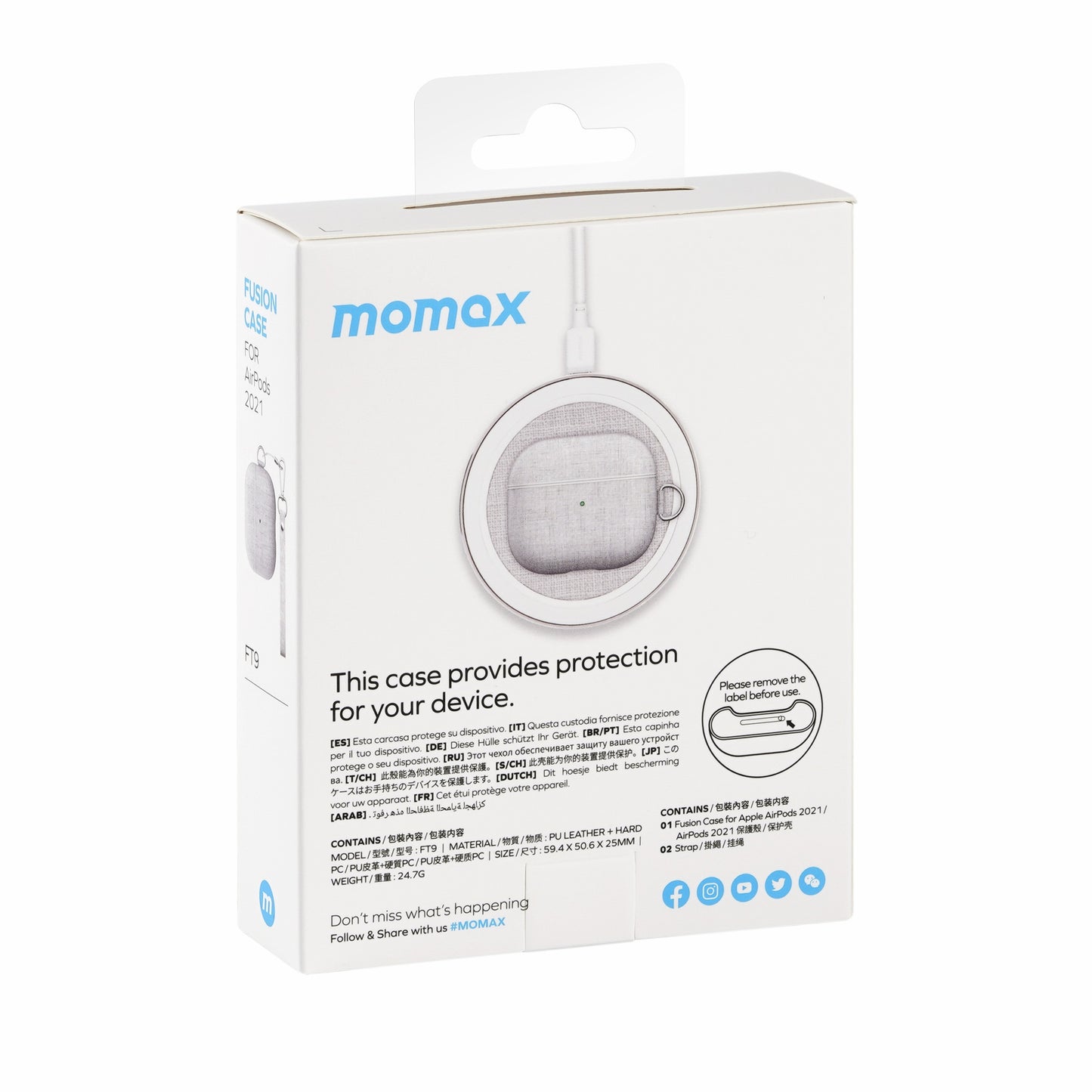 Uniqkart FT9 Shockproof Anti-lost Leather Earbuds Case Cover Anti-drop Full Protective Case for AirPods 3 (Support Wireless Charging) - Light Grey