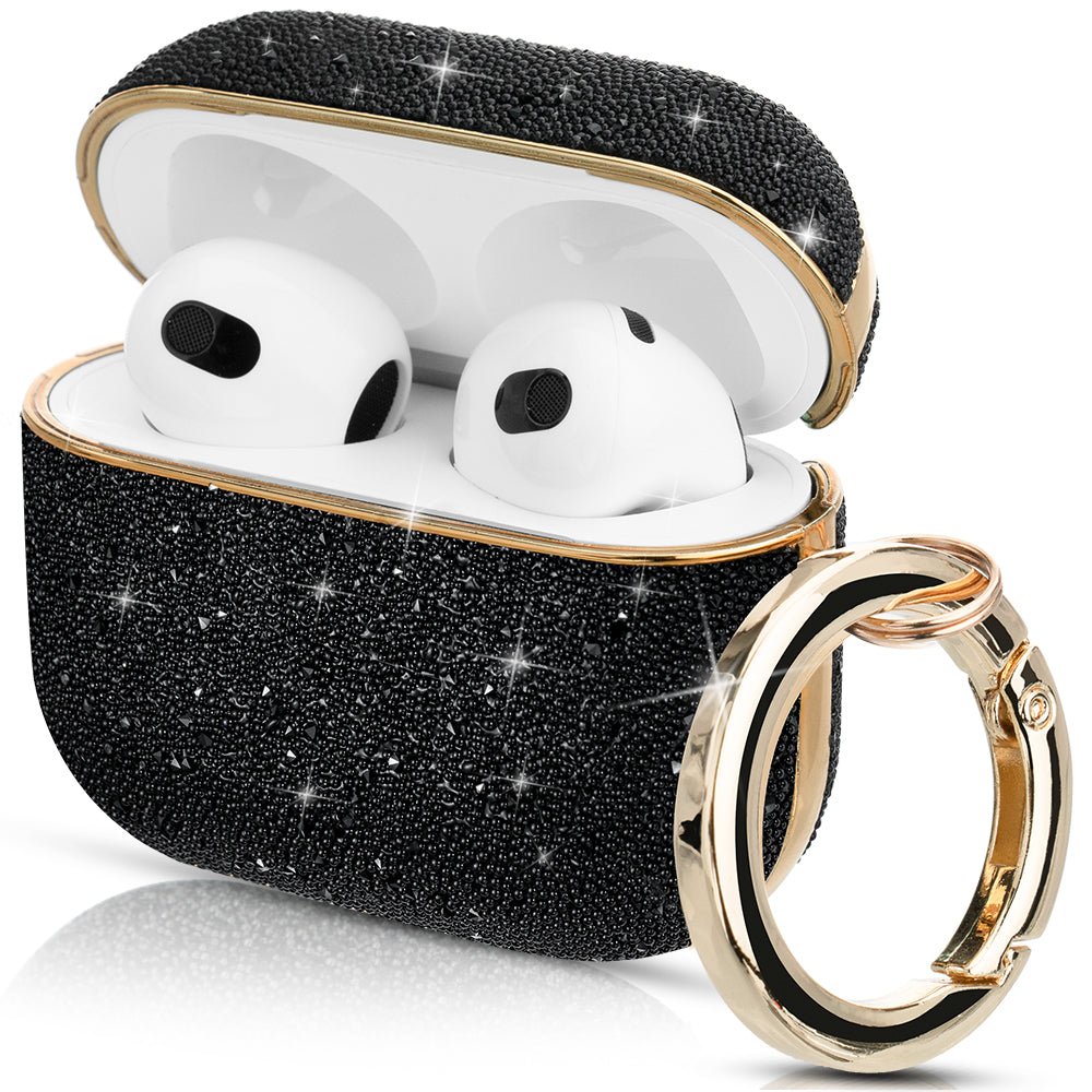 Uniqkart Shiny Rhinestone Surface Anti-fall Electroplating PC Protective Case Bluetooth Earphone Cover with Keyring for Apple AirPods 3 - Black