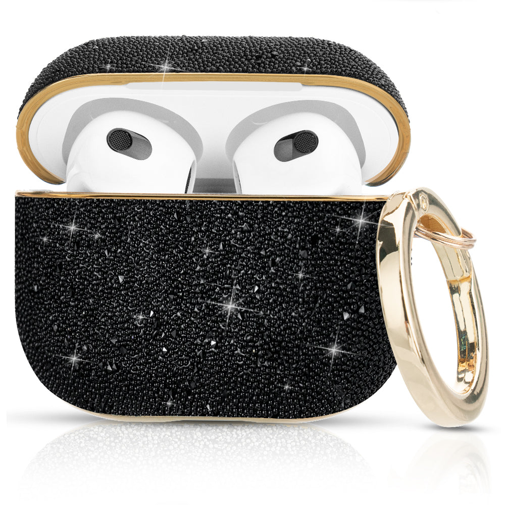 Uniqkart Shiny Rhinestone Surface Anti-fall Electroplating PC Protective Case Bluetooth Earphone Cover with Keyring for Apple AirPods 3 - Black