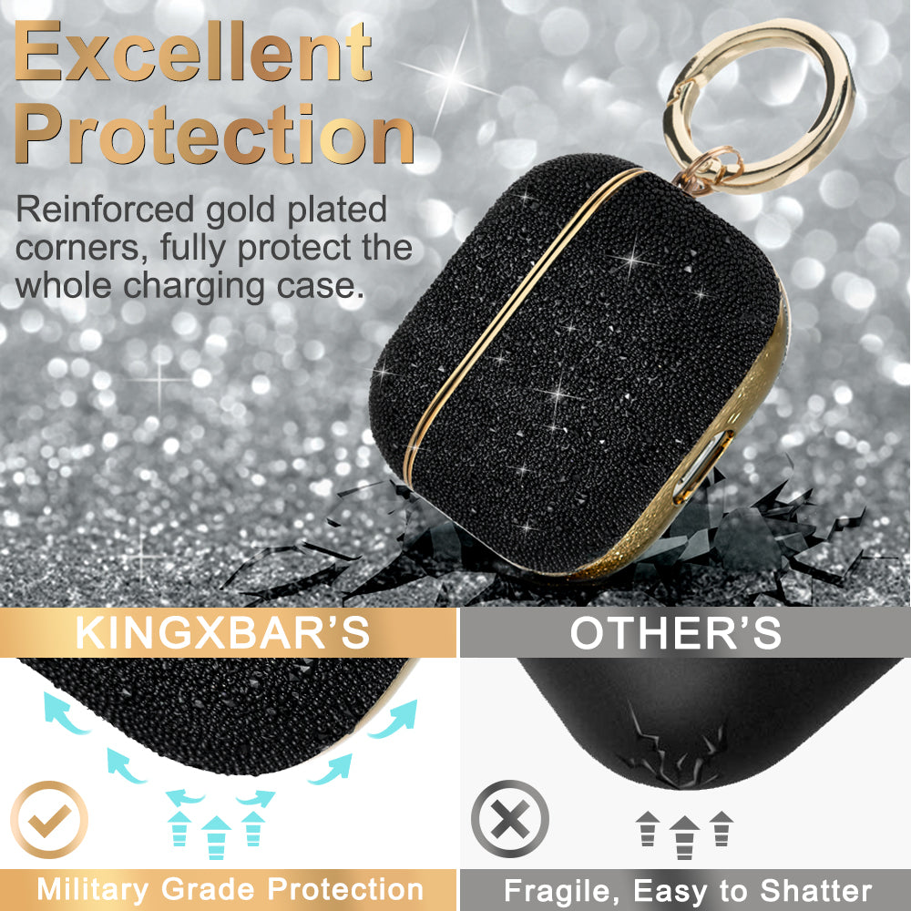 Uniqkart Shiny Rhinestone Surface Anti-fall Electroplating PC Protective Case Bluetooth Earphone Cover with Keyring for Apple AirPods 3 - Black