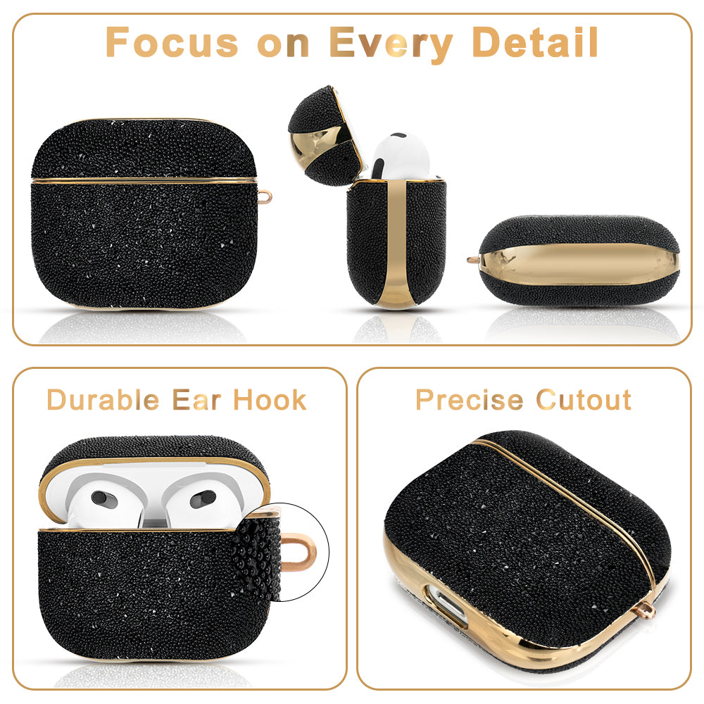 Uniqkart Shiny Rhinestone Surface Anti-fall Electroplating PC Protective Case Bluetooth Earphone Cover with Keyring for Apple AirPods 3 - Black