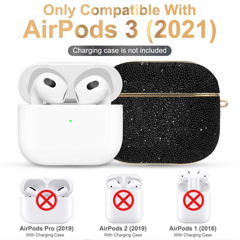 Uniqkart Shiny Rhinestone Surface Anti-fall Electroplating PC Protective Case Bluetooth Earphone Cover with Keyring for Apple AirPods 3 - Black
