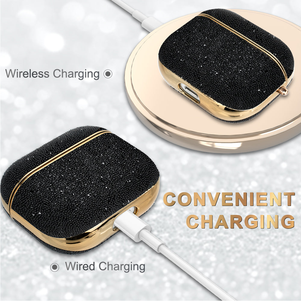 Uniqkart Shiny Rhinestone Surface Anti-fall Electroplating PC Protective Case Bluetooth Earphone Cover with Keyring for Apple AirPods 3 - Black