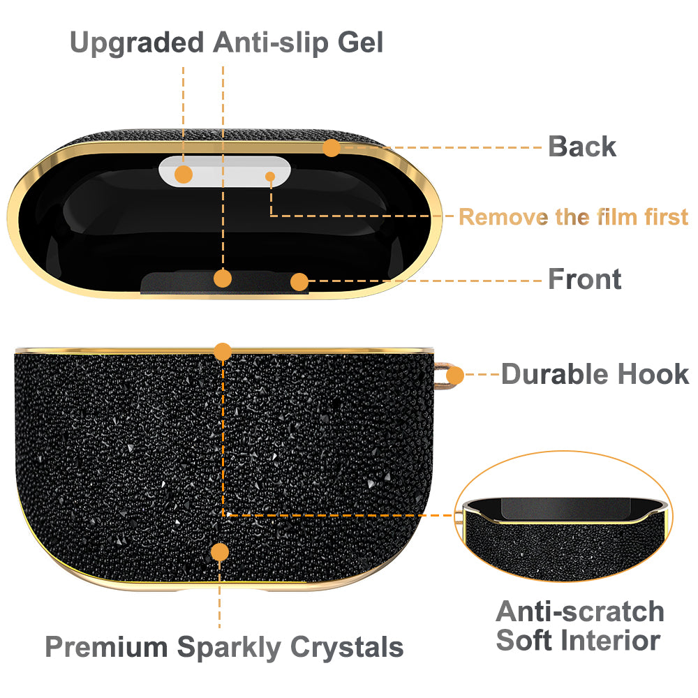 Uniqkart Shiny Rhinestone Surface Anti-fall Electroplating PC Protective Case Bluetooth Earphone Cover with Keyring for Apple AirPods 3 - Black