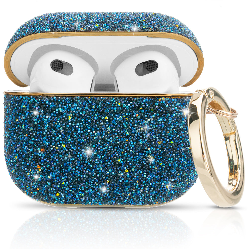 KINGXBAR Shiny Rhinestone Surface Anti-fall Electroplating PC Protective Case Bluetooth Earphone Cover with Keyring for Apple AirPods 3 - Blue