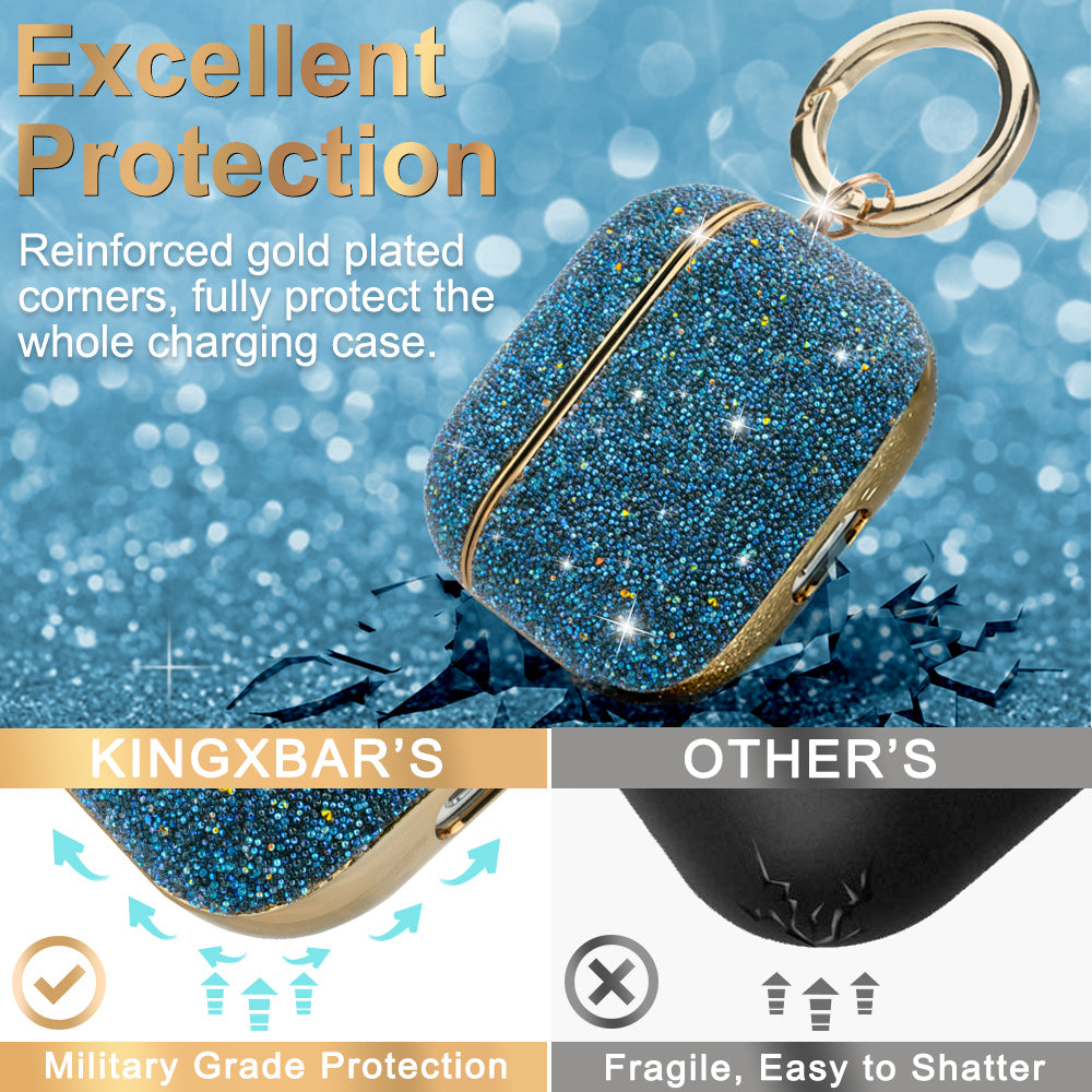 KINGXBAR Shiny Rhinestone Surface Anti-fall Electroplating PC Protective Case Bluetooth Earphone Cover with Keyring for Apple AirPods 3 - Blue