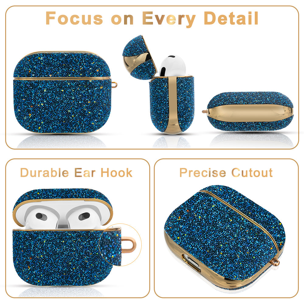 KINGXBAR Shiny Rhinestone Surface Anti-fall Electroplating PC Protective Case Bluetooth Earphone Cover with Keyring for Apple AirPods 3 - Blue