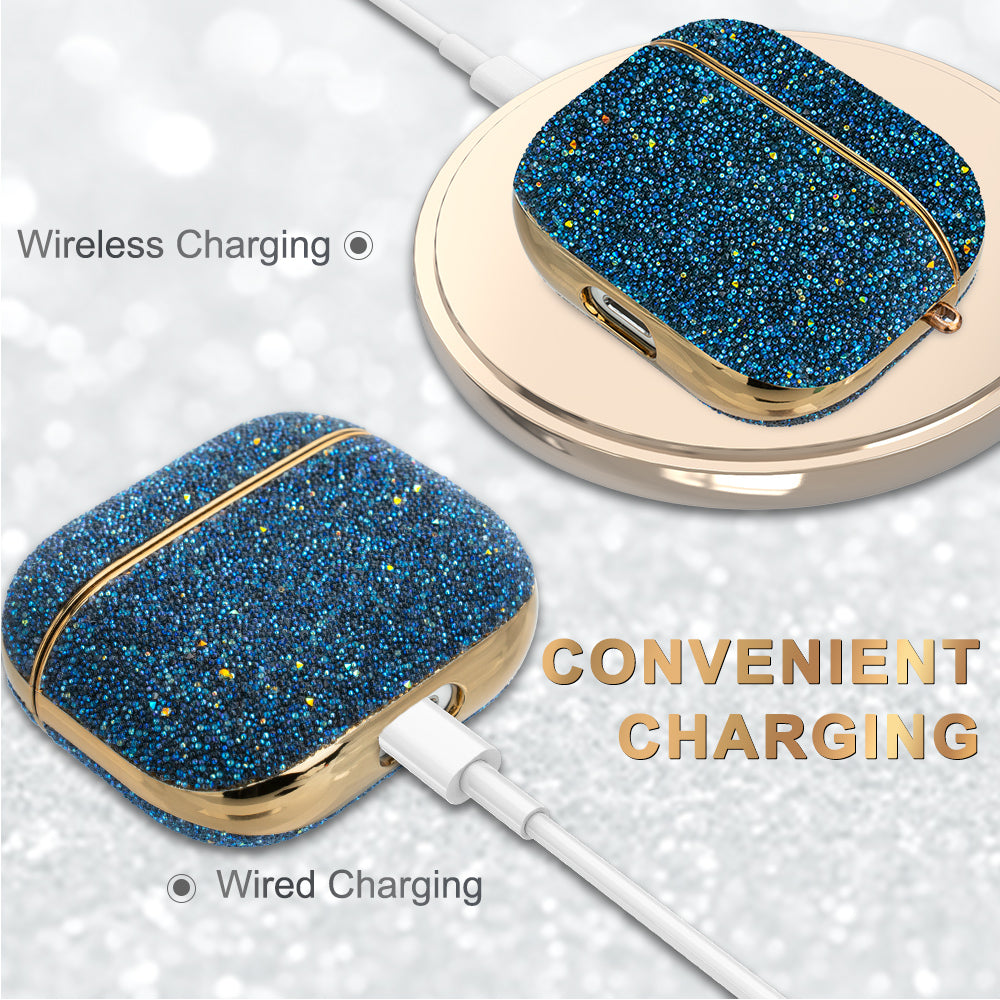 KINGXBAR Shiny Rhinestone Surface Anti-fall Electroplating PC Protective Case Bluetooth Earphone Cover with Keyring for Apple AirPods 3 - Blue